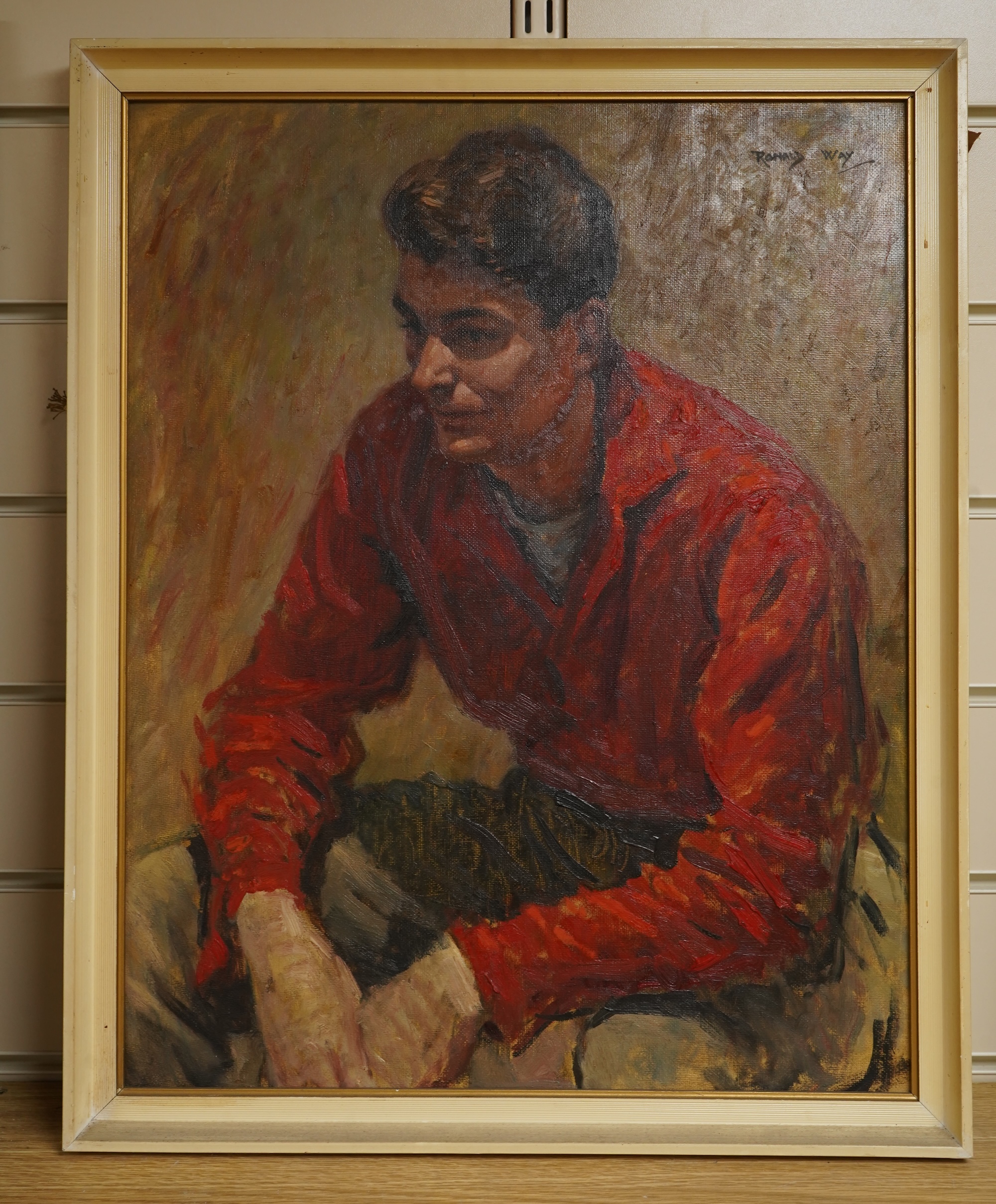 Ronald Way (20th. C), Portrait of a seated gentleman, Modern British oil on board, signed, 49 x 39cm